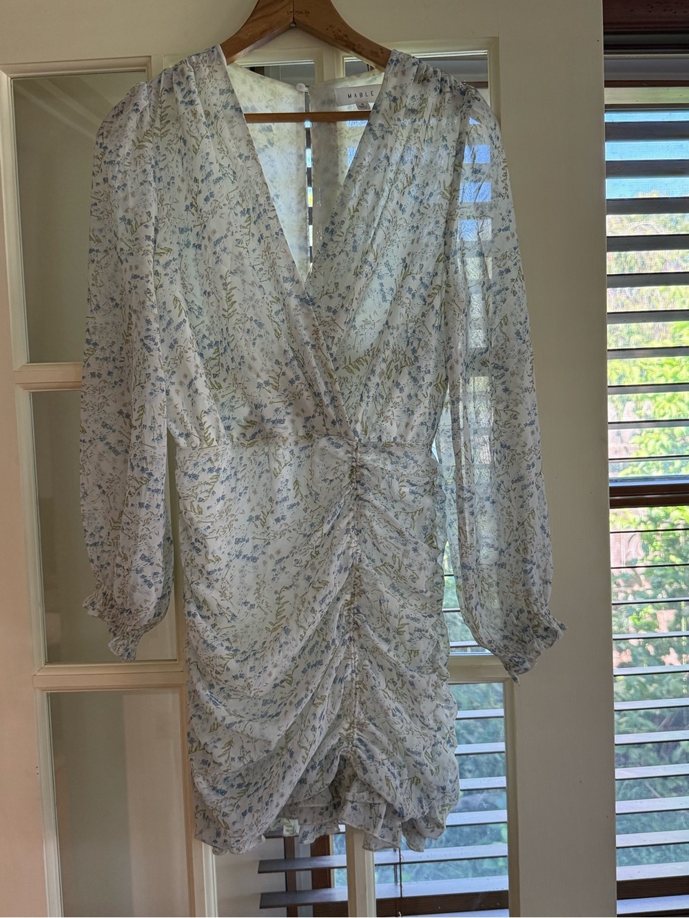 Ruched  Long-Sleeve Mini Dress in White with Blue Floral